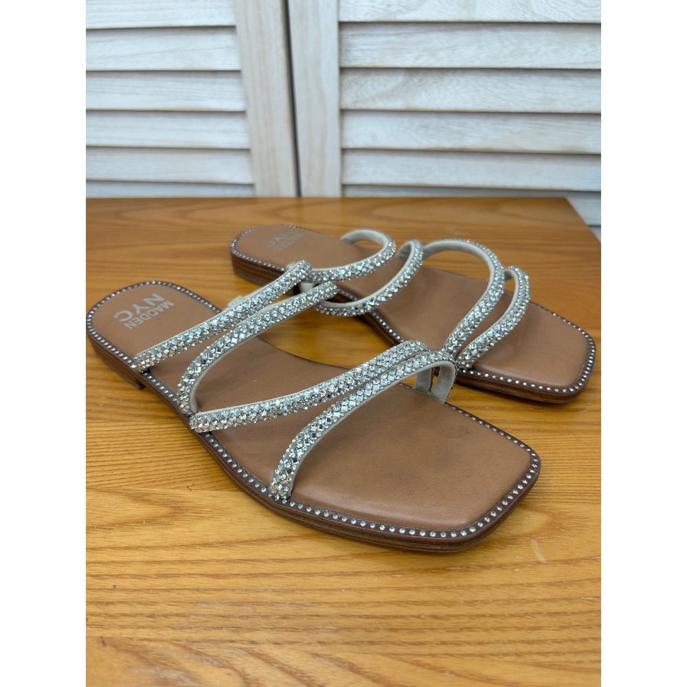 Madden NYC Rhinestone Slide Sandals 8.5 Silver Womens Sparkly Strappy Flat